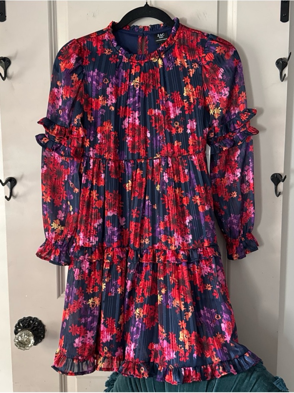 ZAC Zac Posen Navy Floral Pleated Ruffle Dress - Pink, Red & Purple Print